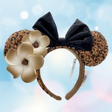 Aulani Hawaii Disney`Park Minnie Ears Black Gold Plumeria Bow Headband for Adult