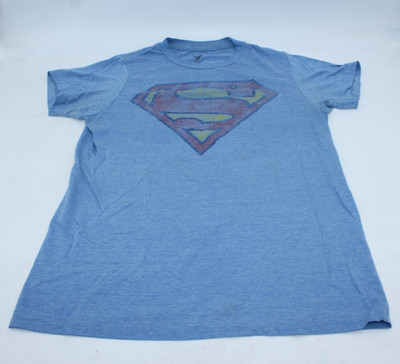 Superman Comics T- Shirt Men SMALL Blue Graphic Print Logo (fading/loose thread)