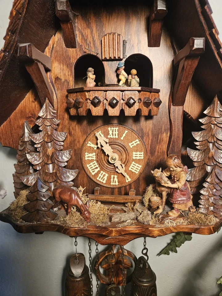 Beautiful Carved Unique German 8 Day Musical Cuckoo Clock With Dancers  - Image 4 of 4