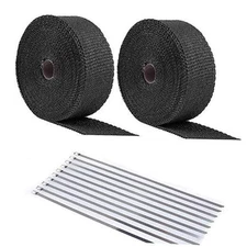 20Pcs Ties + 2 Roll x 50FT Black Motorcycle Exhaust Heat Wrap Roll Fiberglass 