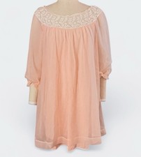 Vintage 60's Bubblegum Pink Peignoir Babydoll Mini Lingerie Chiffon Lace Collar