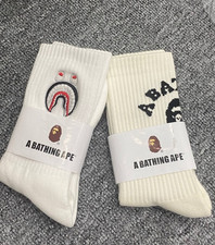 A Bathing Ape White Ribbed Crew Socks 2-Pack Classic Ape Head Logo Accessory NEW