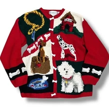 Eagle's Eye Dog Print Sweater Hand Knit All Over Embroidered Vintage Large