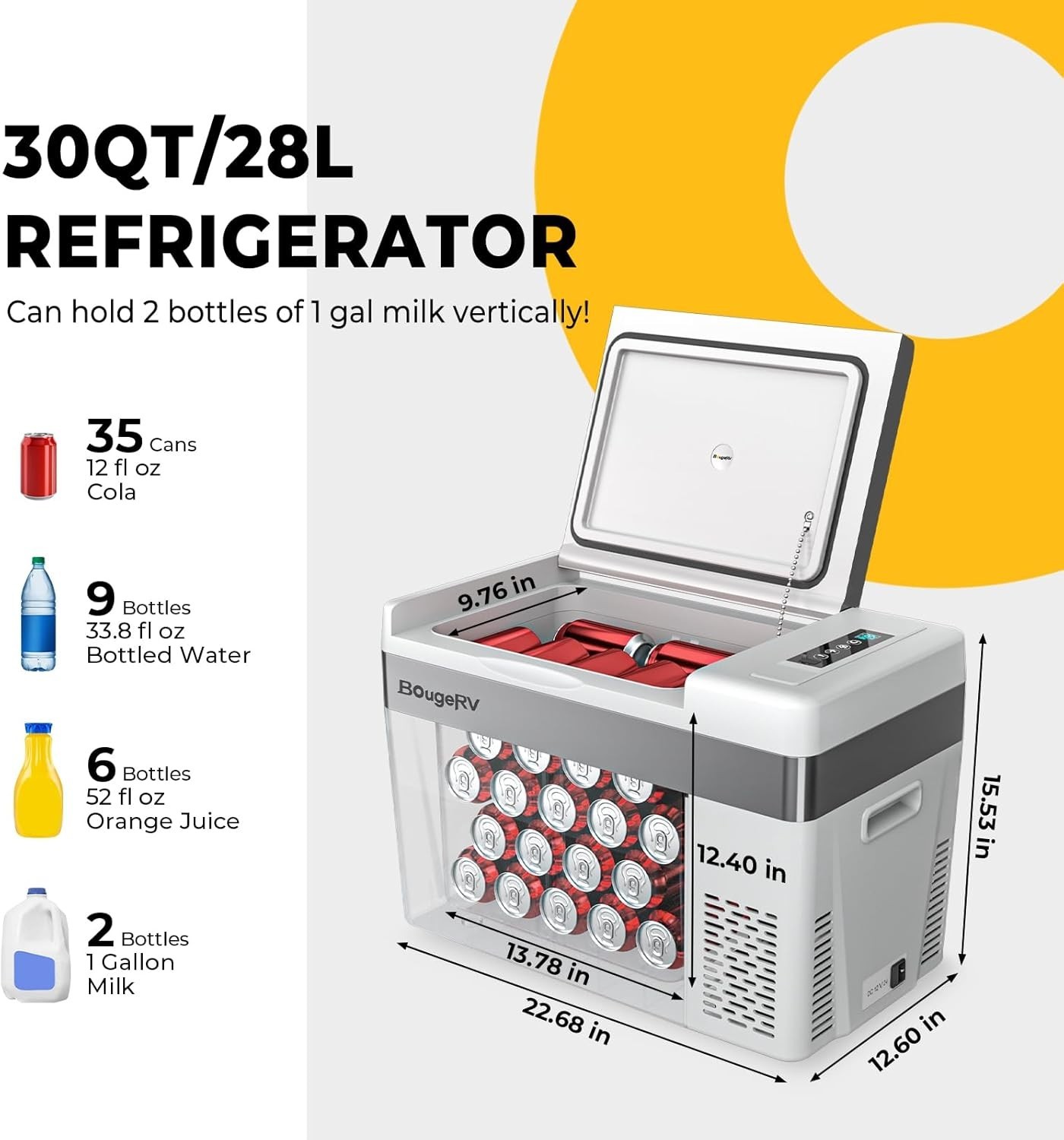 BougeRV 12 Volt Refrigerator 12V Car Fridge 30 Quart Portable Freezer Compressor