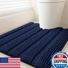 ACCUMTEK Striped Navy Blue Toilet Contour Bath Rug 24"x20" Ultra Soft Non-Slip