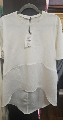 Zara tee high-low Hem Sheer Panel Short Sleeve Size S