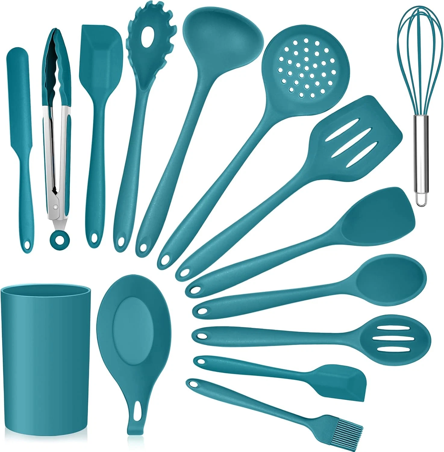 Teal Blue Kitchen Utensils Set, E-Far 15-Piece Silicone Cooking Utensils with Ho