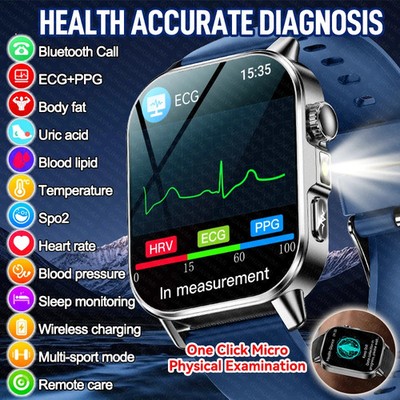 Herren Smartwatch EKG Herzfrequenz BP Sauerstoff Temp Tracker Bluetooth Telefonieren