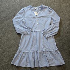 J Crew Dress Size 10 White Blue Striped A Line Long Sleeve Tiered Preppy Classic