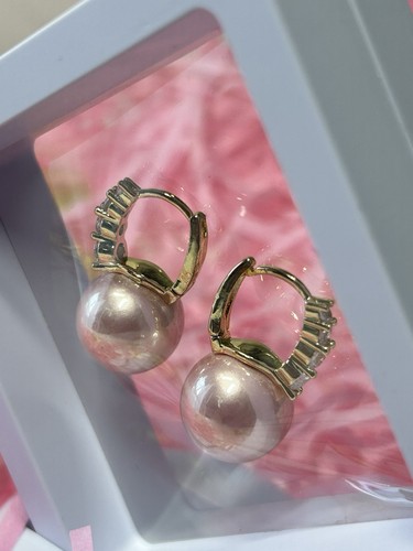 Elegant Pink Pearl Dangle Dangle Earrings With Sparkling Zirconia Crystals - Picture 3 of 6