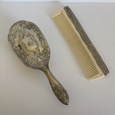 Vintage Ornate Hairbrush  Comb Set Silver Plated Vanity Set