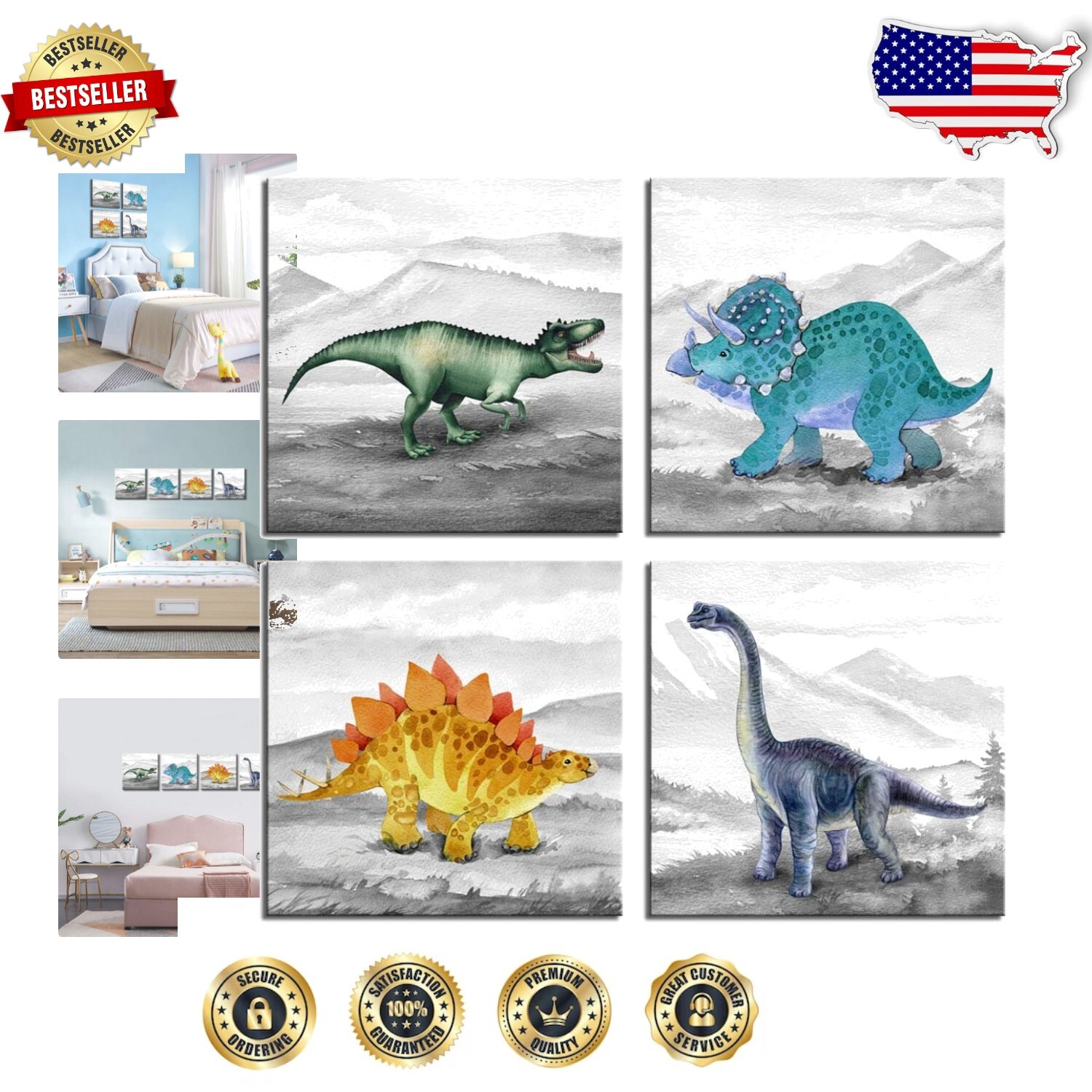 Vibrant 4-Piece Dinosaur Canvas Art - Perfect Gift for Nurseries and Playrooms