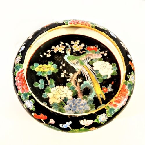 Antike chinesische Famille Noire Phönix & Blumenschale aus dem 19. Jahrhundert 9 Zoll - Bild 3 von 7