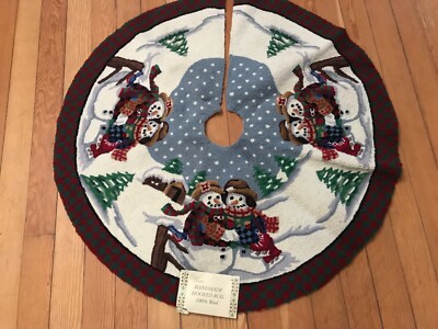C&F Handmade Hooked Wool Christmas Tree Skirt Snowmen 40''x40''