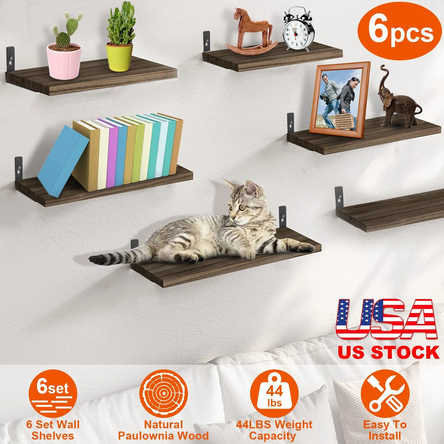 6 Pcs Floating Shelves Wall Mounted Wood Storage Shelf Rustic Brown Indoor Decor