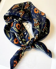 100% Silk 20" small Square Scarf Women neckerchief Wrap navy blue Floral ZT90