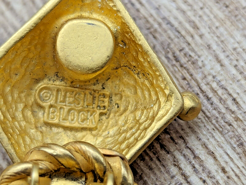 Vintage Designer Leslie Block Rare Dangle Earrings Teal Gold Tone Retro - Bild 5 von 5