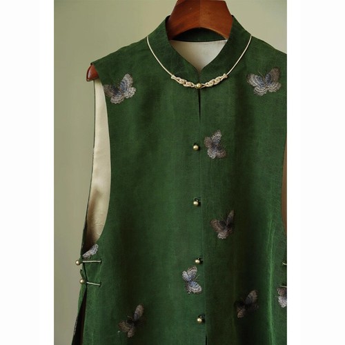 Chinese-style Top Green Vest Women's Spring Crew Neck Retro Printed Gilet Jacket - Picture 7 of 11