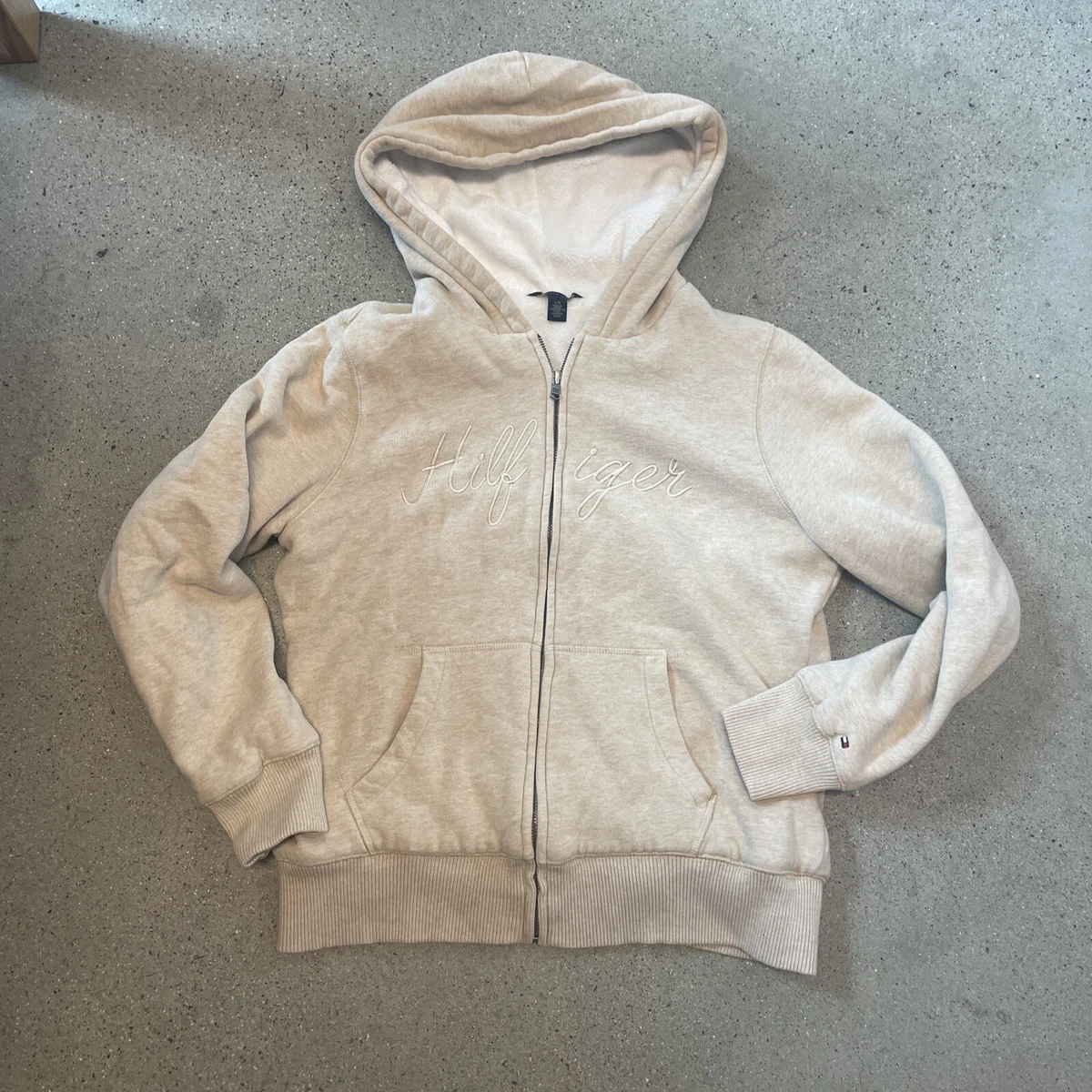 Tommy Hilfiger Womens Size Large Cream Hoodie Pullover Trademark