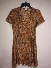 J Crew Dress Gold Animal Print Wrap Tie Waist Short Sleeve V Neck Sz 0 Euc