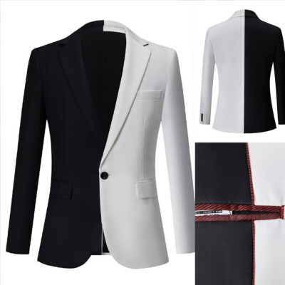 Black and White Spliced Casual Men's Two-Piece Notch Lapel Suit with Trousers