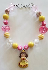 Girls Bubblegum Chunky Bead Necklace Pink  Yellow Disney Belle Beauty  Beast