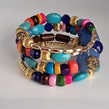 Colorful Beaded Bracelet Wide Cuff Wire Wrap Gold Beads  Stone Glass Vintage