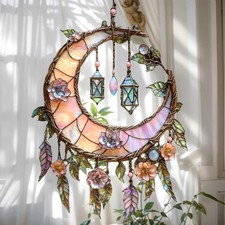 Crescent Moon Faux Stained Glass Acrylic Suncatcher With Lanterns And Flower