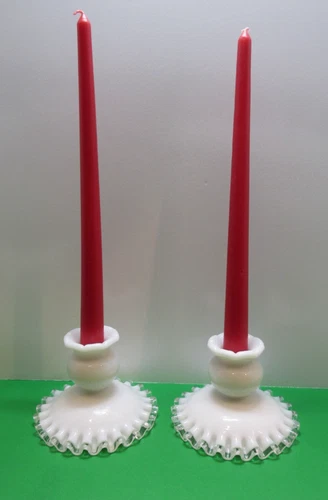 Pair Lovely Vintage FENTON MILK GLASS *Silver Crest* Candlesticks Candle Holders