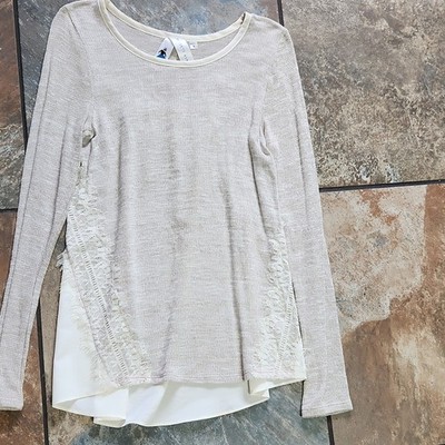 Society Girl Beige/Ivory Knit Scoop Neck Lace Long Sleeve Pullover S