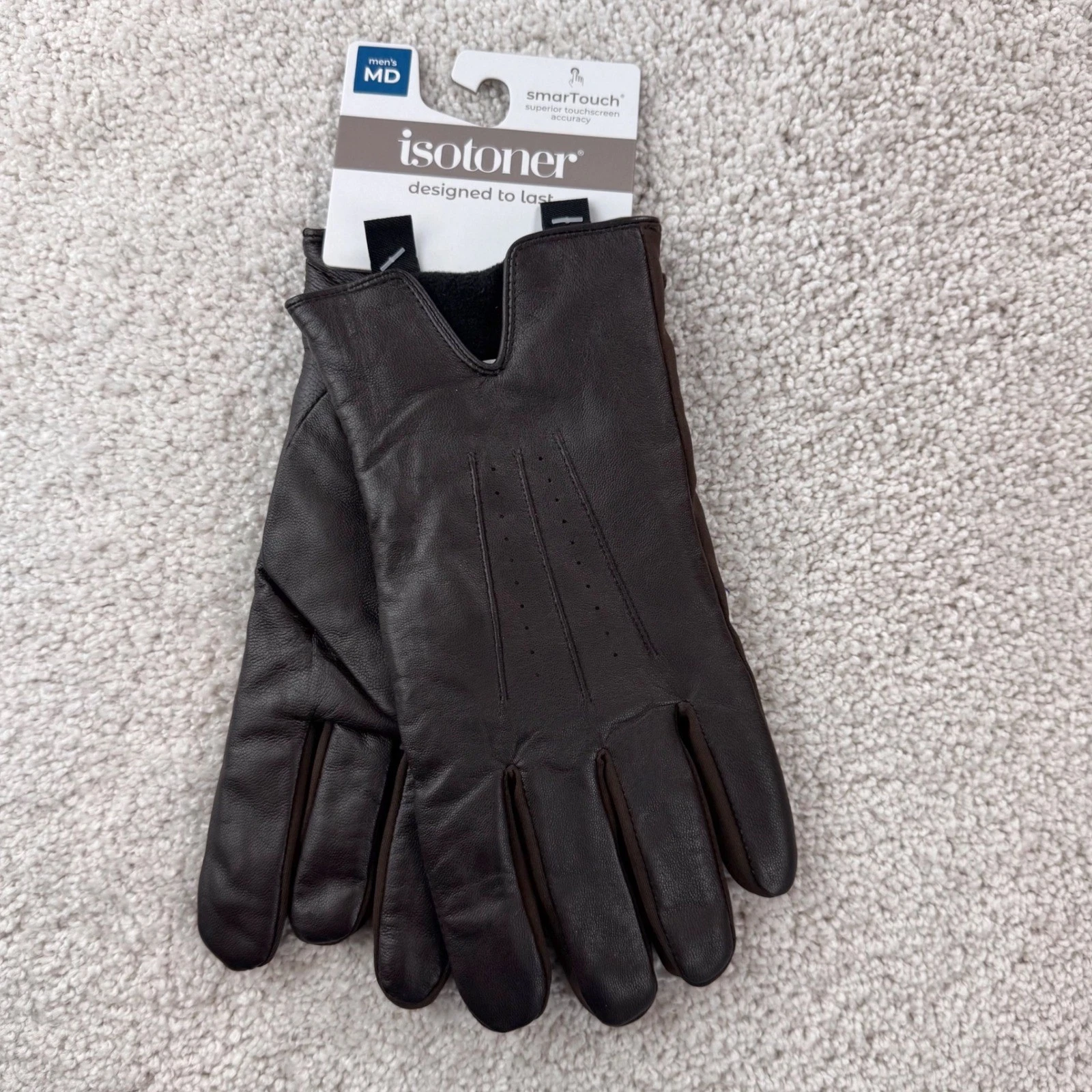 Isotoner Mens Dark Brown Genuine Leather smartTouch Gloves Size Medium