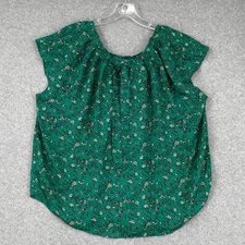 LC Lauren Conrad Top Womens 1X Green Floral Pleated Tie Neck Pullover Blouse