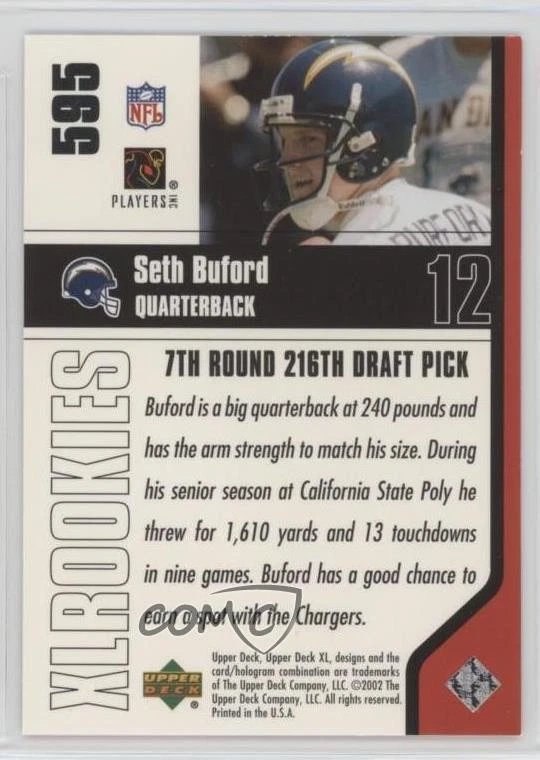 2002 Upper Deck XL XL Rookies Seth Burford #595 Rookie RC - Image 2 of 2