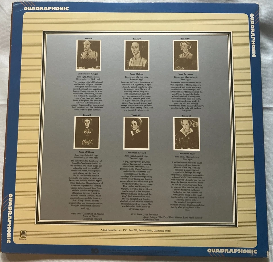 RICK WAKEMAN - The Six Wives of Henry VIII LP (RARE A&M QUADRAPHONIC Pressing) - Image 2 of 4