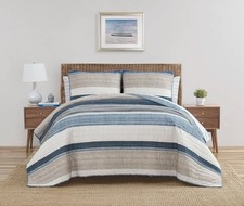 Nautica Ridgeport Blue Cotton Reversible 3 Piece Quilt Set, Full/Queen