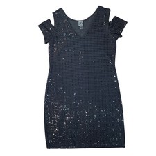 Clara Sunwoo Black Sequin Cold Shoulder V-Neck Mini Dress Sm Party Made in USA
