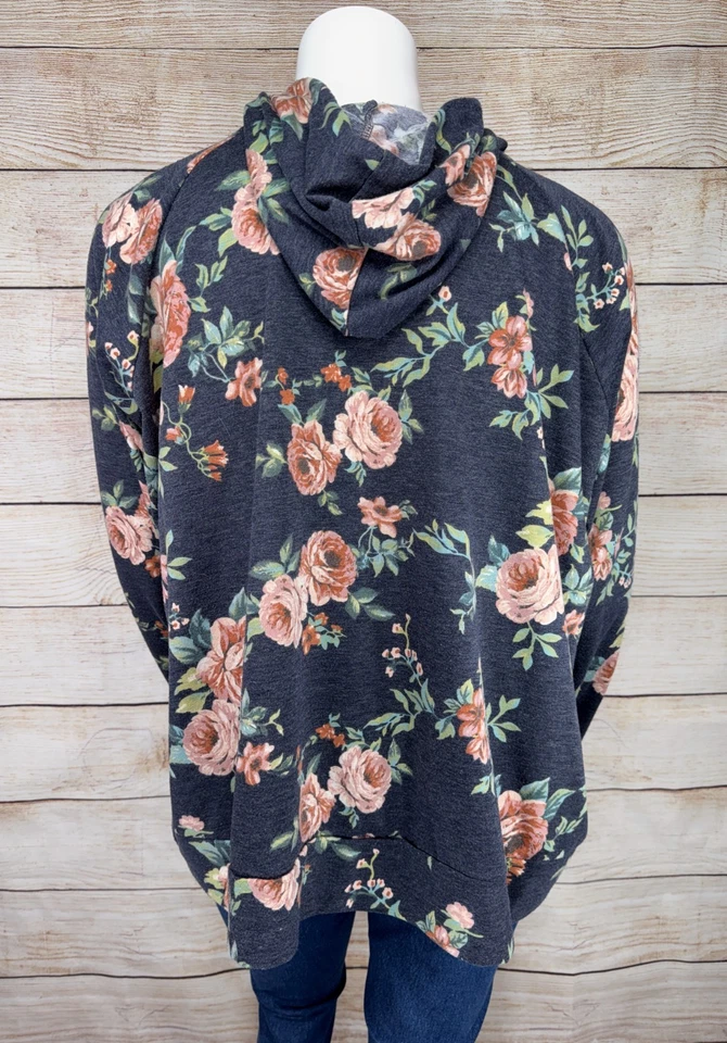 AVENUE Womens 30/32 Heather Gray Peach Mint Green Floral Full Zip Hoodie Pockets - Image 2 of 4