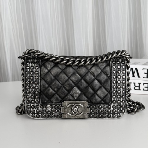 Chanel Leboy Small Quilted Lambskin Shoulder Bag Black Grey Silver HW Authentic