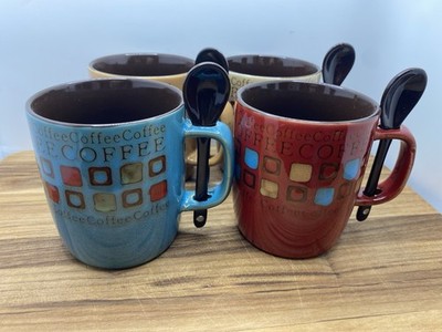 Mr. Coffee Cafe Americano 8-Piece Ceramic Mug Set Multicolor 14oz w/ Spoons