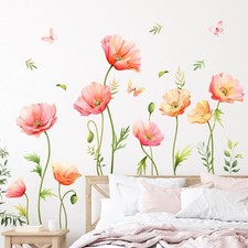 Large Pink Floral Wall Decals Poppy Flower Butterfly Multi-colored