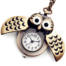 Retro Bronze Steampunk Owl Quartz Pocket Watch Pendant Chain Necklace Vintage