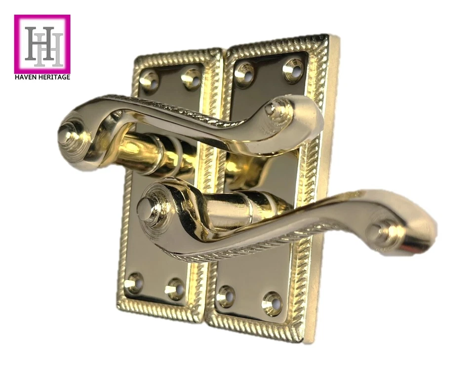 Door Handles Stylish Georgian Brass Plated Lever Latch Roped Edge Handles - Image 3 of 4