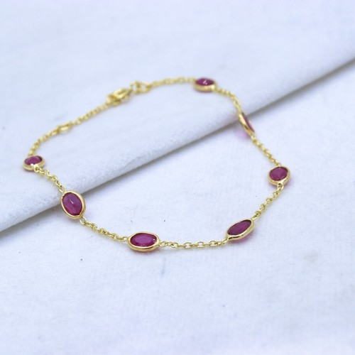 Natural Ruby Station Chain Bracelet 925 Sterling Silver Gold Plated Jewelry - Picture 2 of 4