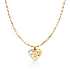 14K Two Tone Gold Heart Mom  Daughter Charm Pendant  1.2mm Box Chain Necklace