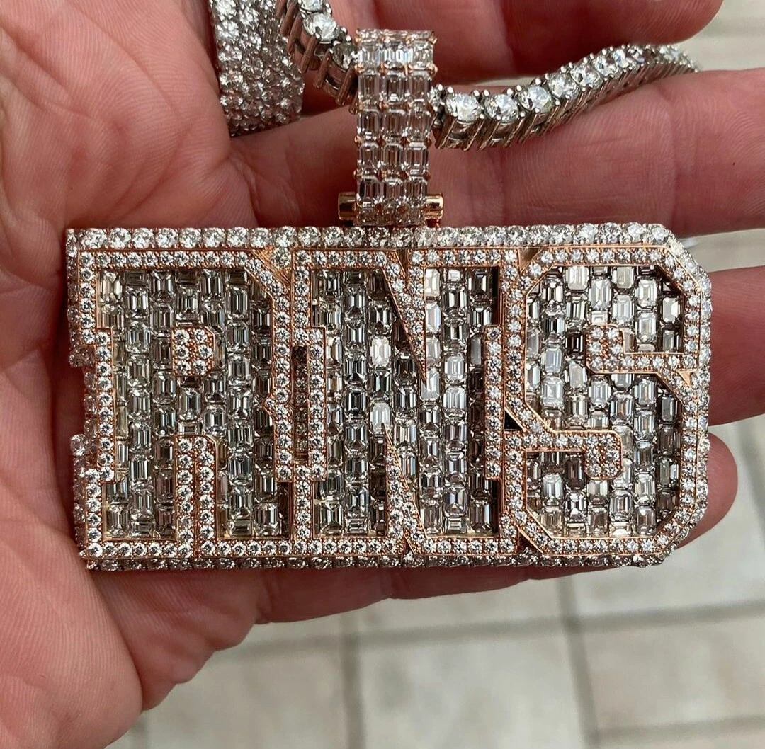 Men s RNS Round Baguette Cubic Zirconia Custom Pendant Silver Rose Gold Plated