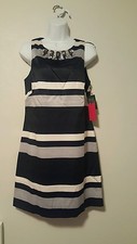 Vince Camuto Dress Striped Navy Gray Ivory Sleeveless Rhinestone Size 8