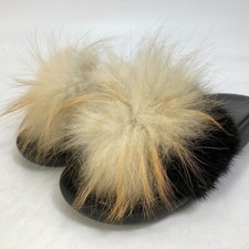 Louis Vuitton Fur Flat Ladies Sandals Leather Black Beige EU 37 US 6 w/Box/Bag