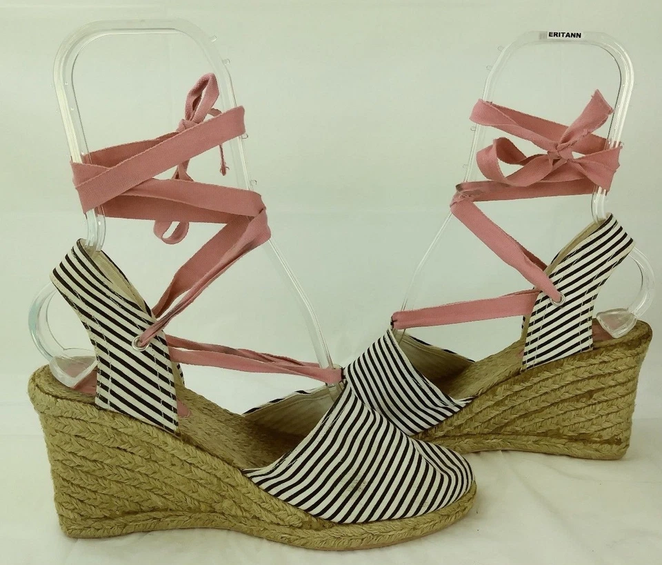 GAP Mujer Zapatos Tacones EE. UU. 7 Rosa Atar Blanco Negro Rayas Cuña Alpargatas 159 Foto 4 de 4