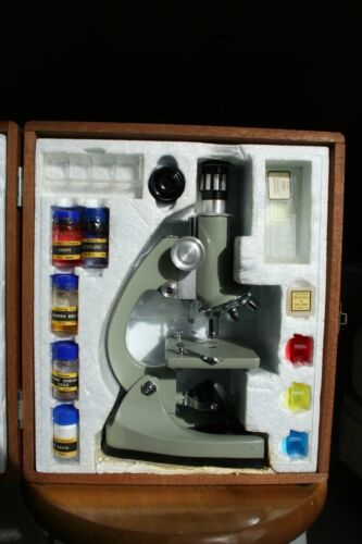 Vintage TASCO zoom 50-1200x microscope, w/wooden box & ATCO prepared slides - Afbeelding 1 van 21