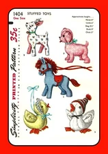 Stuffed Animal Pattern 1404 PUPPY Duck HORSE Chick LAMB Vintage 1955 Craft